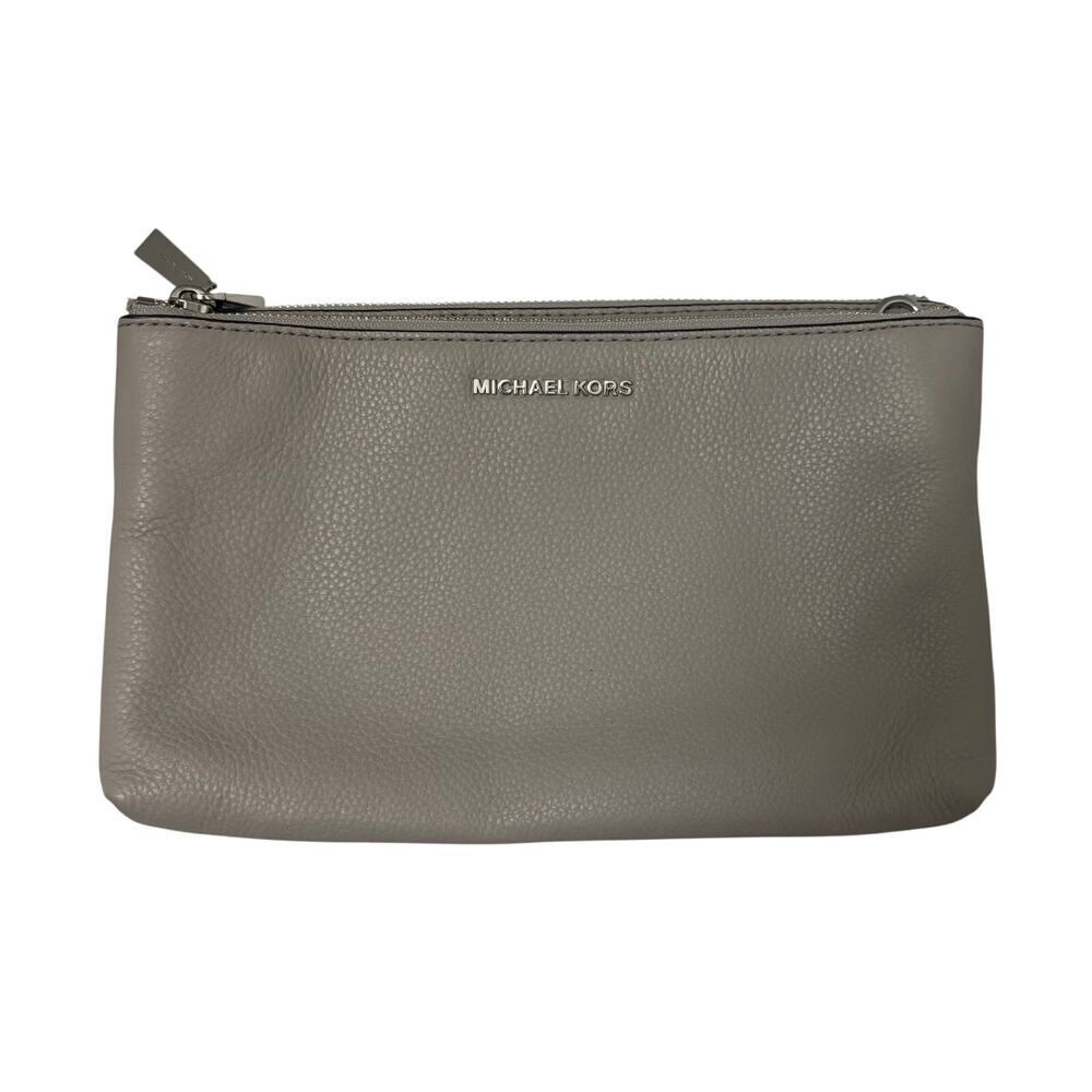 Michael Kors Adele Double Zip Clutch Gray Pebbled Leather Crossbody Bag No Strap